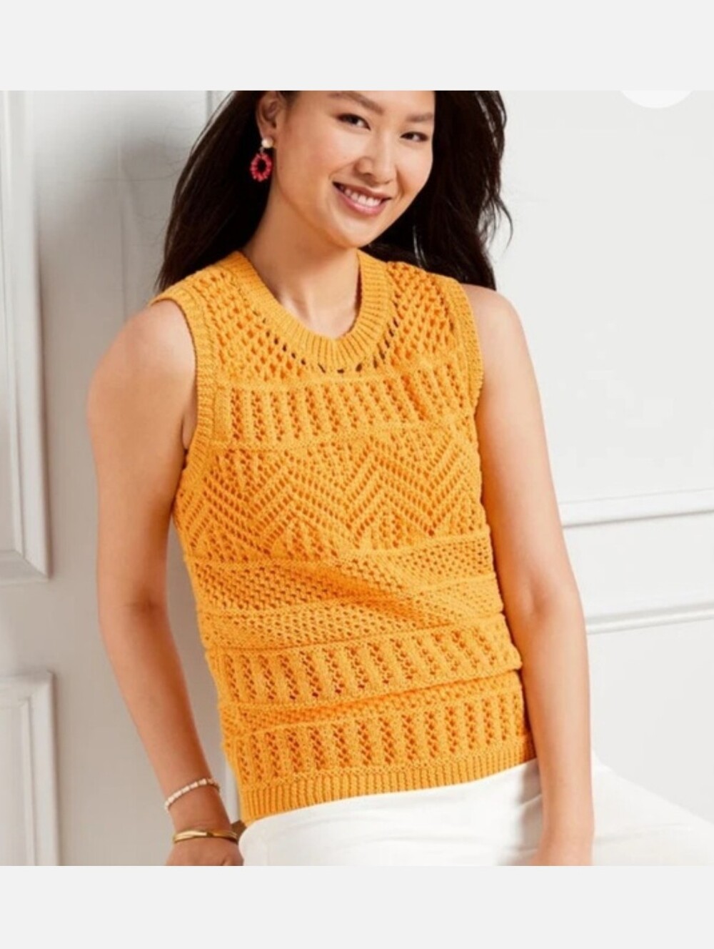 Talbots Open Stitch Sleeveless Tank Yellow Sweater Size Petite Small